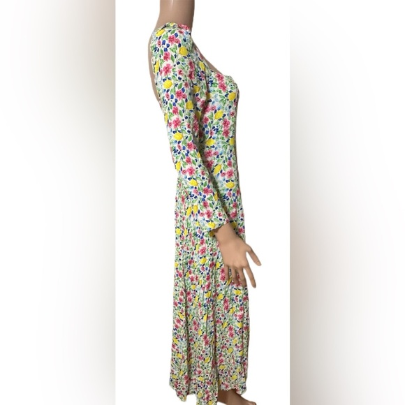 The Native One Dress M Floral Lemons Midi Square Neck Long Sleeve Smocked Back - Picture 3 of 9
